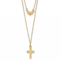 14K Yellow Gold Polished 2-Strand Diamond-cut Cross and Heart Necklace Plus 2 Inch Extender, 16" view 1