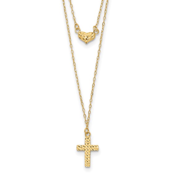 14k Polished 2-Strand Diamond-cut Cross and Heart 16 inch Necklace Plus 2 inch Extender