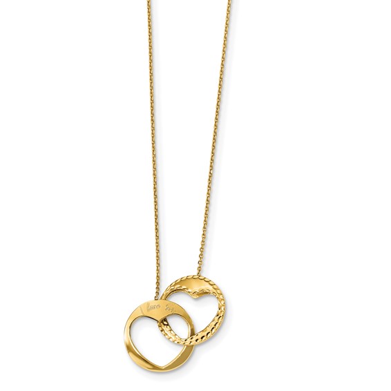 14k Polished Double Interlocking Hearts with Script I LOVE YOU 16 inch Necklace Plus 1 inch Extender