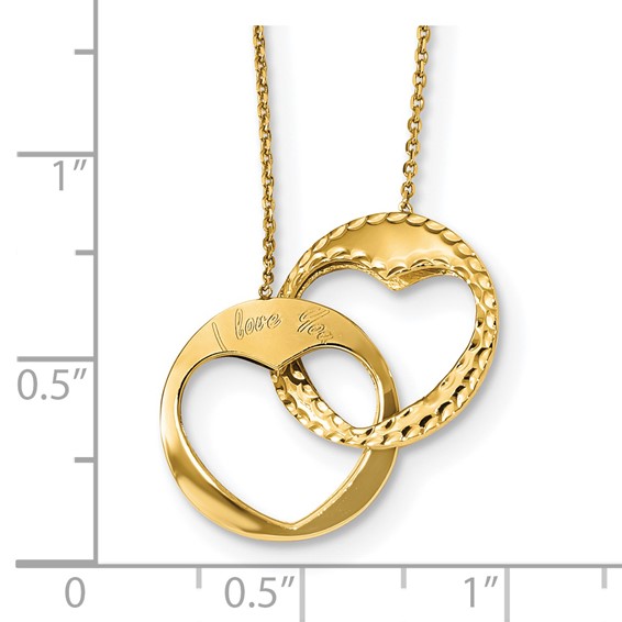 14k Polished Double Interlocking Hearts with Script I LOVE YOU 16 inch Necklace Plus 1 inch Extender