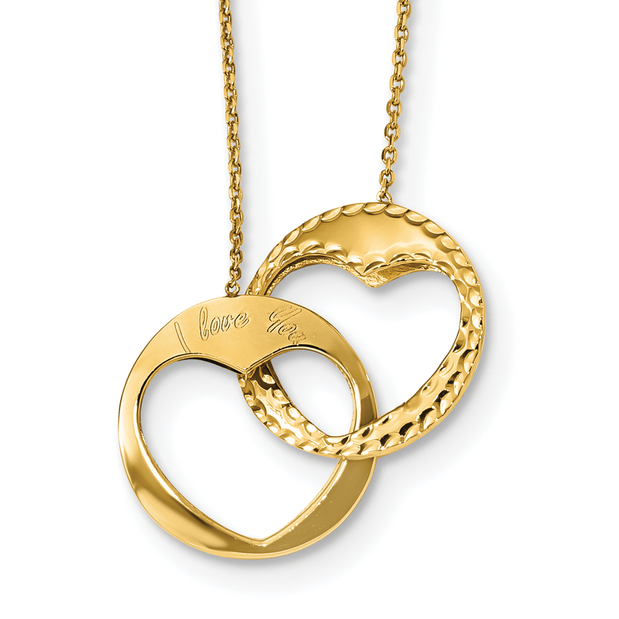 14k Polished Double Interlocking Hearts with Script I LOVE YOU 16 inch Necklace Plus 1 inch Extender (SF2526-16)