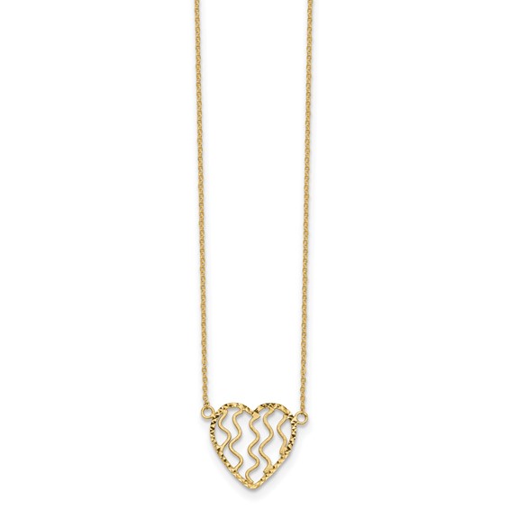 14k Polished Satin and Diamond-cut Heart 18 inch Necklace