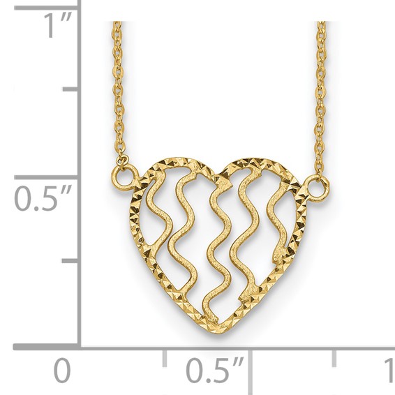 14k Polished Satin and Diamond-cut Heart 18 inch Necklace