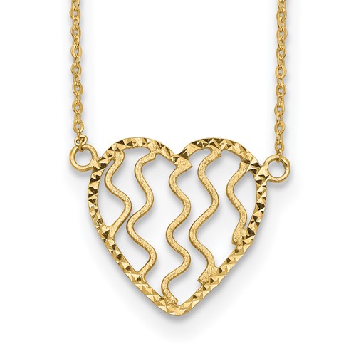 14K Yellow Gold Polished Satin and Diamond-cut Heart Necklace, 18"