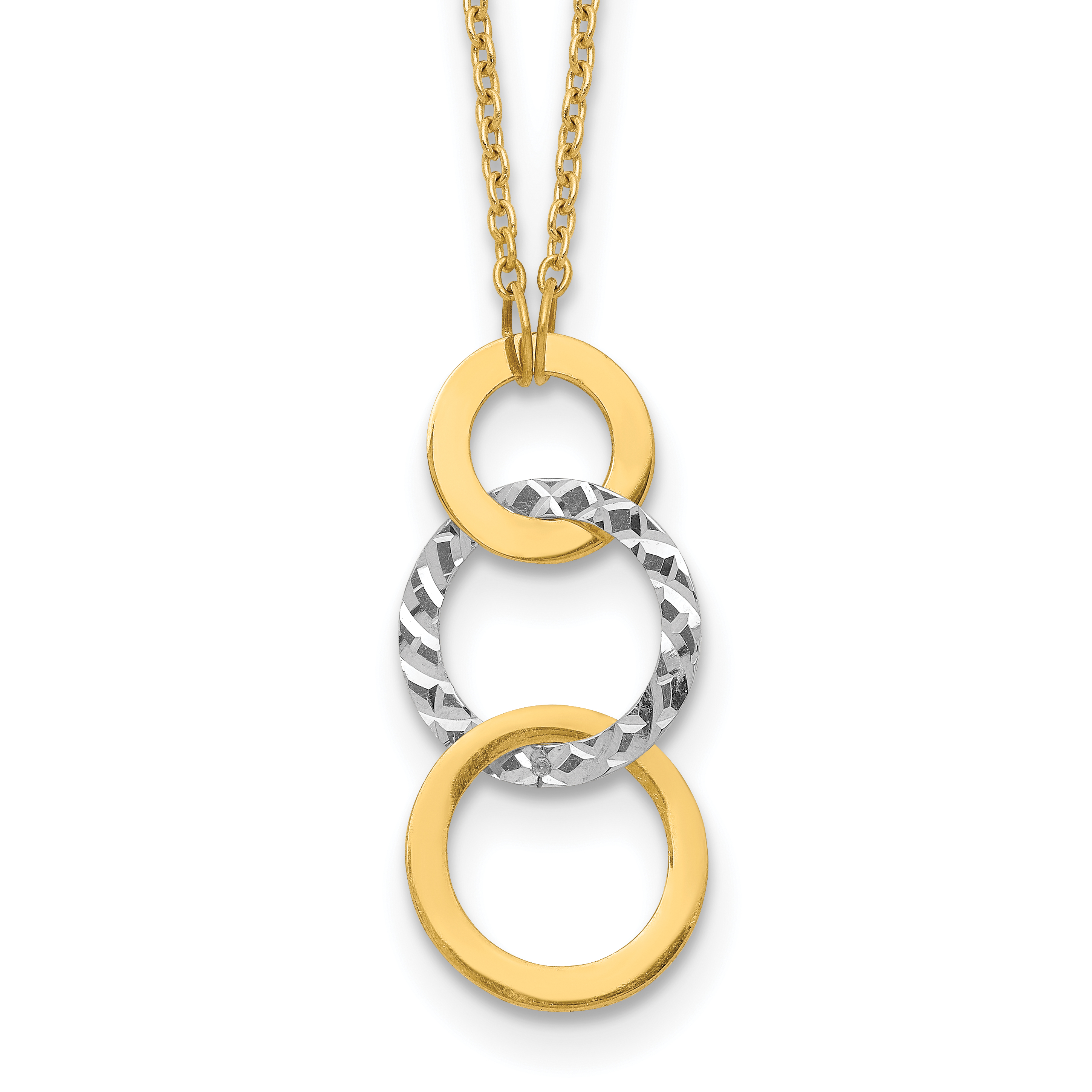 14k Two-tone Polished and Textured 3-Circle Dangle 17 inch Necklace (SF2550-17)