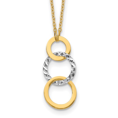 14K Two-tone Polished and Textured 3-Circle Dangle Necklace, 17"