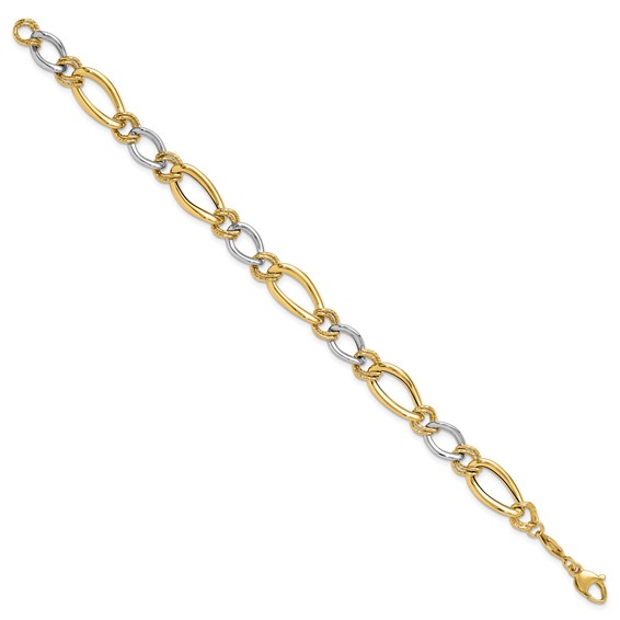 14K Two-tone Polished and Textured Fancy Oval Curb 7.5 inch Bracelet