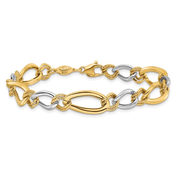 14K Two-tone Polished and Textured Fancy Oval Curb 7.5 inch Bracelet