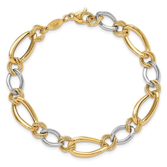 14K Two-tone Polished and Textured Fancy Oval Curb 7.5 inch Bracelet