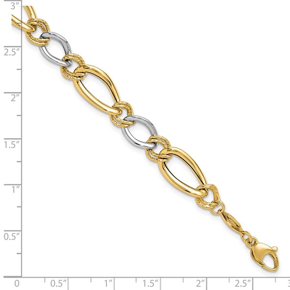 14K Two-tone Polished and Textured Fancy Oval Curb 7.5 inch Bracelet