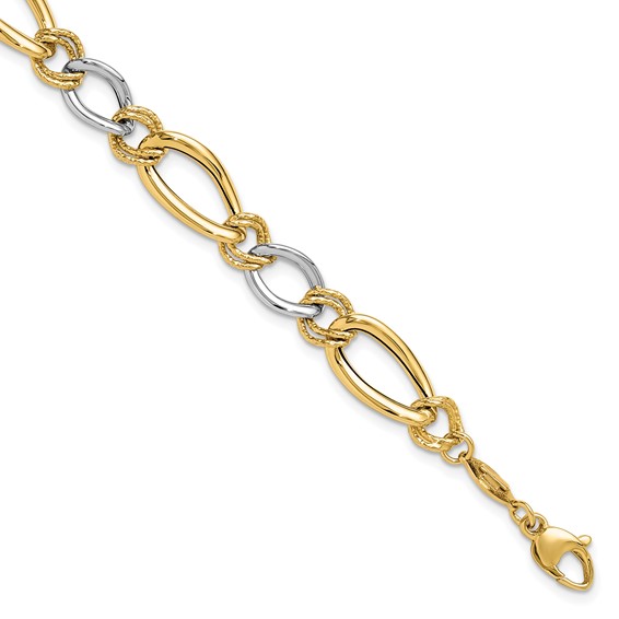 14K Two-tone Polished and Textured Fancy Oval Curb 7.5 inch Bracelet