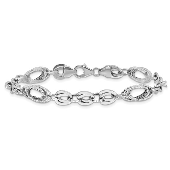 14k White Gold Polished and Textured 8mm Oval Fancy Link 7.75 inch Bracelet