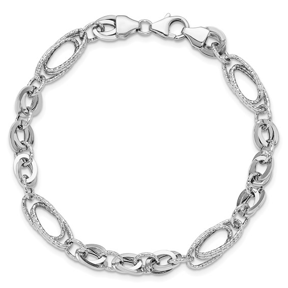 14k White Gold Polished and Textured 8mm Oval Fancy Link 7.75 inch Bracelet