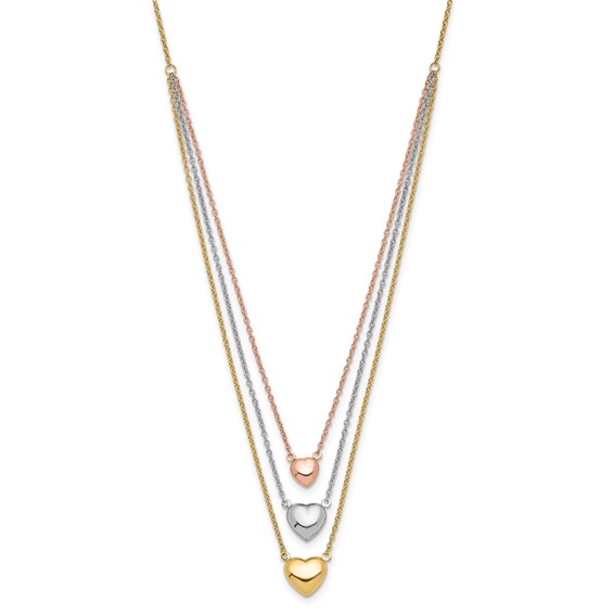 14K Tri-color Three Hearts 16 inch Layered Necklace Plus 1 inch Extender