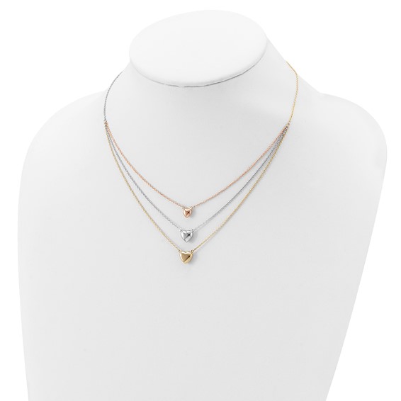 14K Tri-color Three Hearts 16 inch Layered Necklace Plus 1 inch Extender