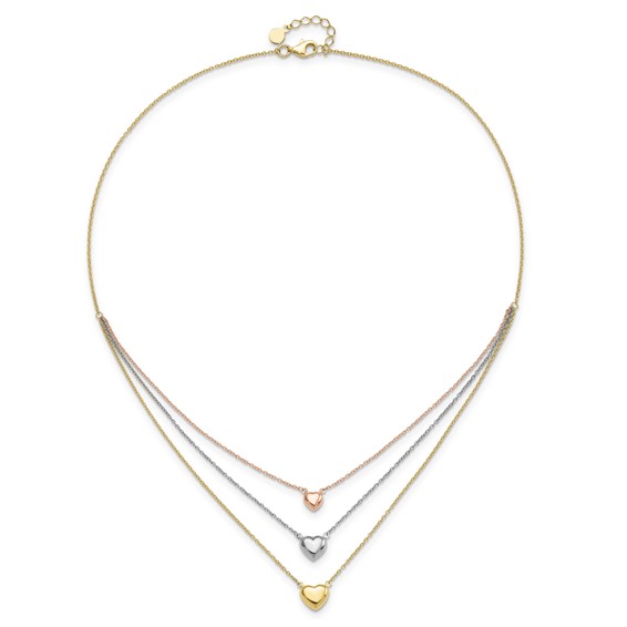 14K Tri-color Three Hearts 16 inch Layered Necklace Plus 1 inch Extender