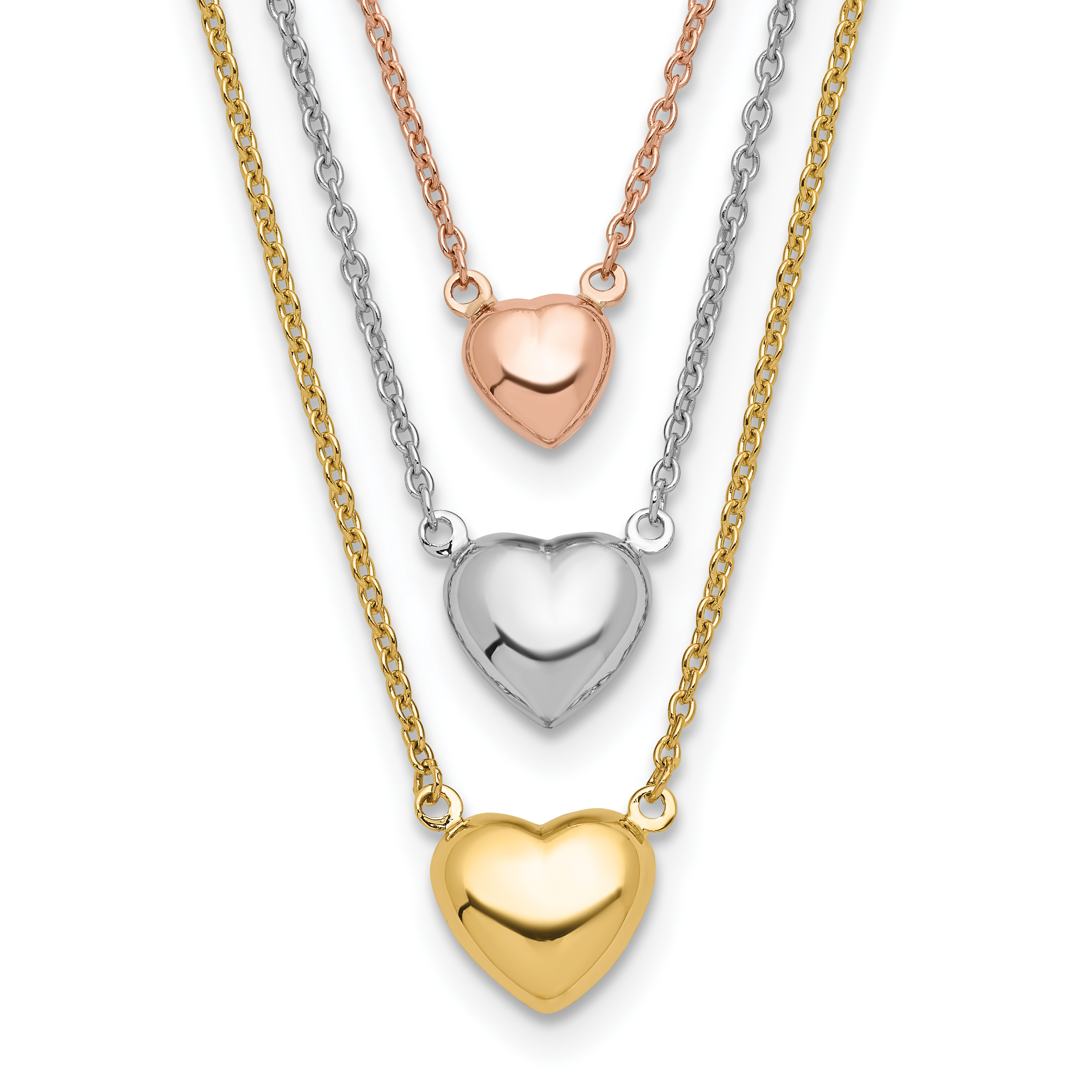 14K Tri-color Three Hearts 16 inch Layered Necklace Plus 1 inch Extender (SF2643-16)