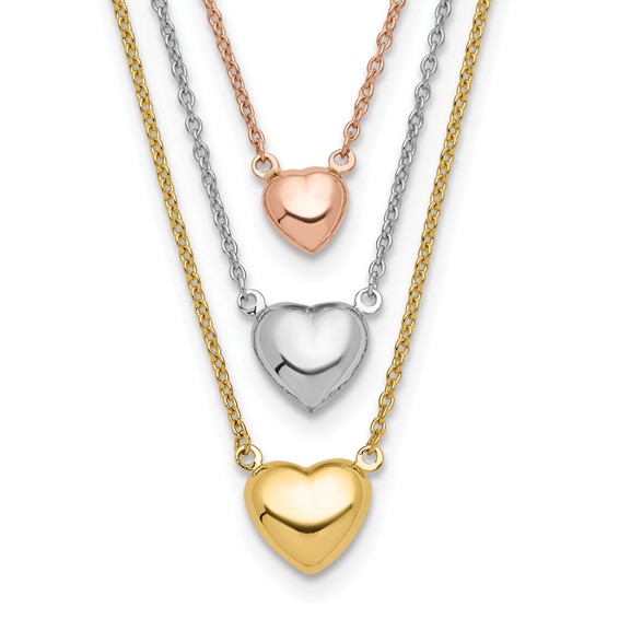 14K Tri-color Three Hearts 16 inch Layered Necklace Plus 1 inch Extender