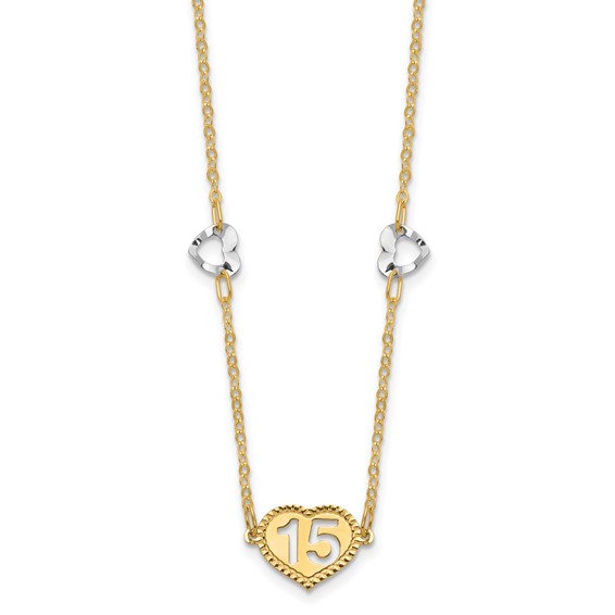 14K Two-tone Polished 15 Heart w/2 in ext Necklace