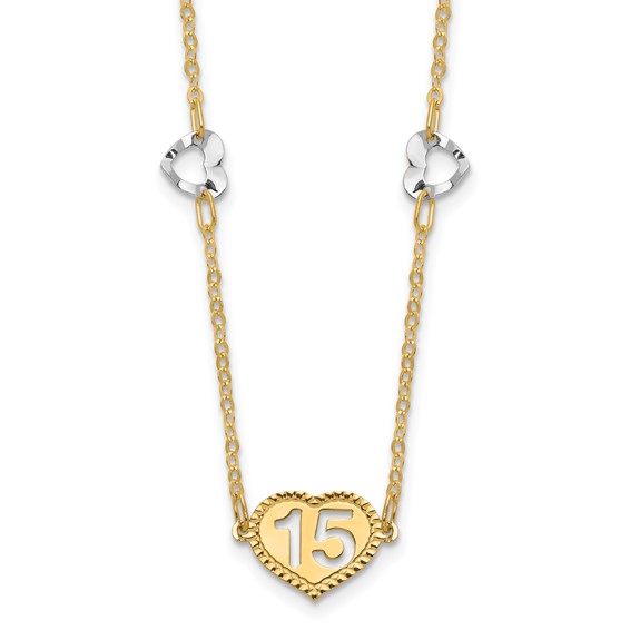 14K Two-tone Polished 15 Heart w/2 in ext Necklace