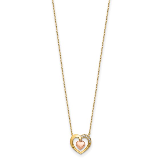 14K Two-Tone CZ Heart-in-Heart 18 inch Necklace Plus 2 inch Extender
