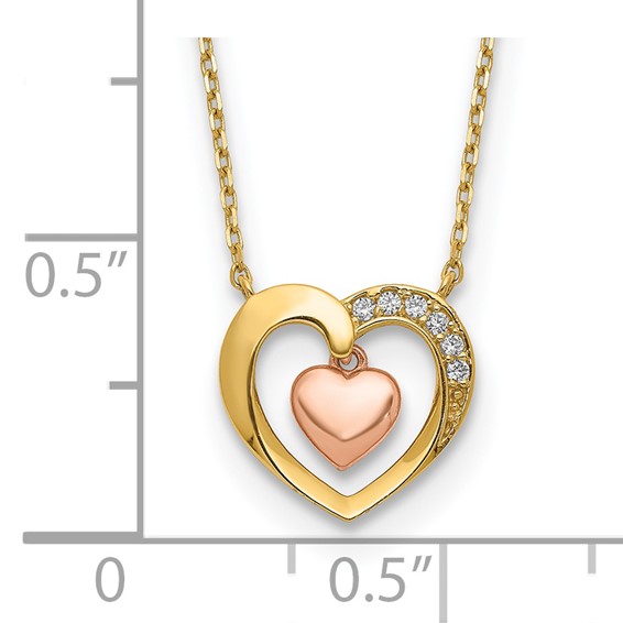 14K Two-Tone CZ Heart-in-Heart 18 inch Necklace Plus 2 inch Extender