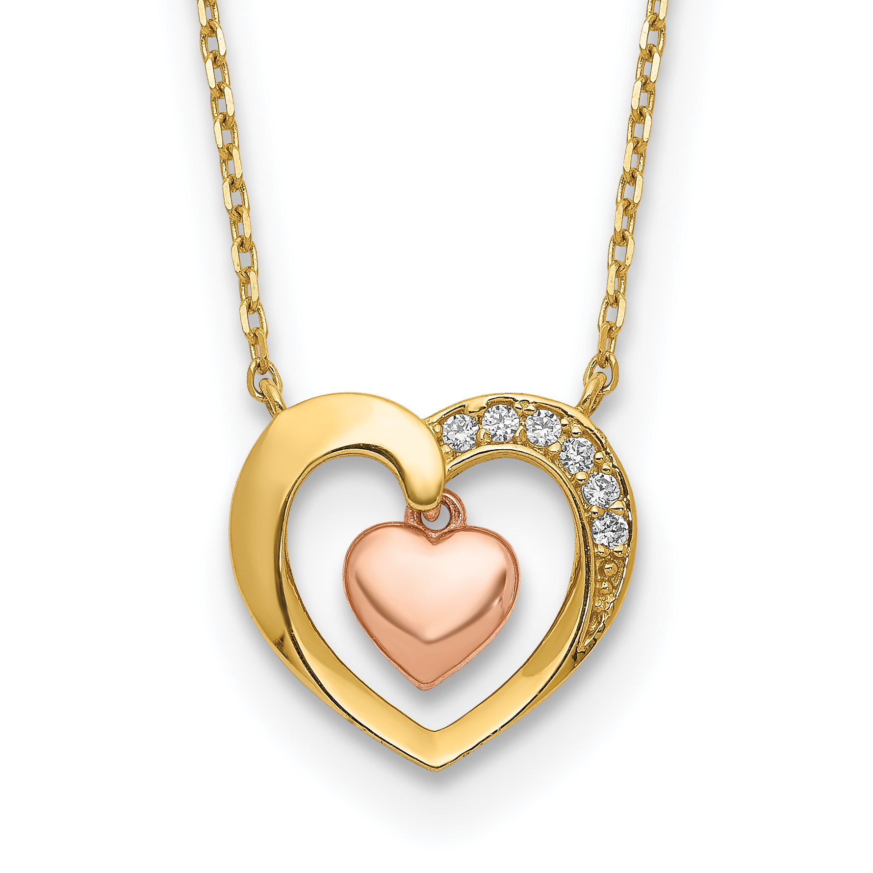 14K Two-Tone CZ Heart-in-Heart 18 inch Necklace Plus 2 inch Extender (SF2656-18)