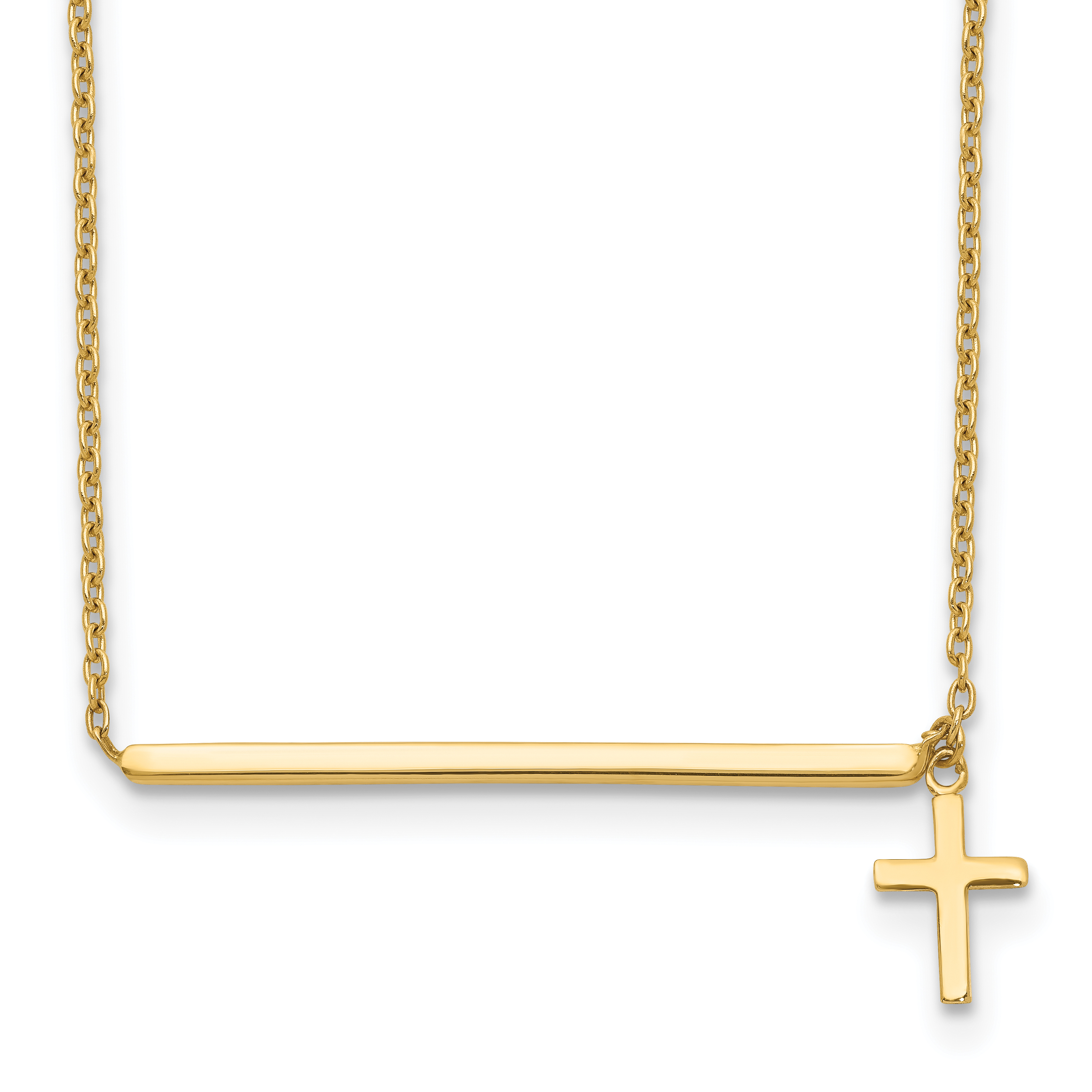 14k Polished Bar with Dangle Cross 13 inch Choker Necklace Plus 2 inch Extender (SF2658-13)
