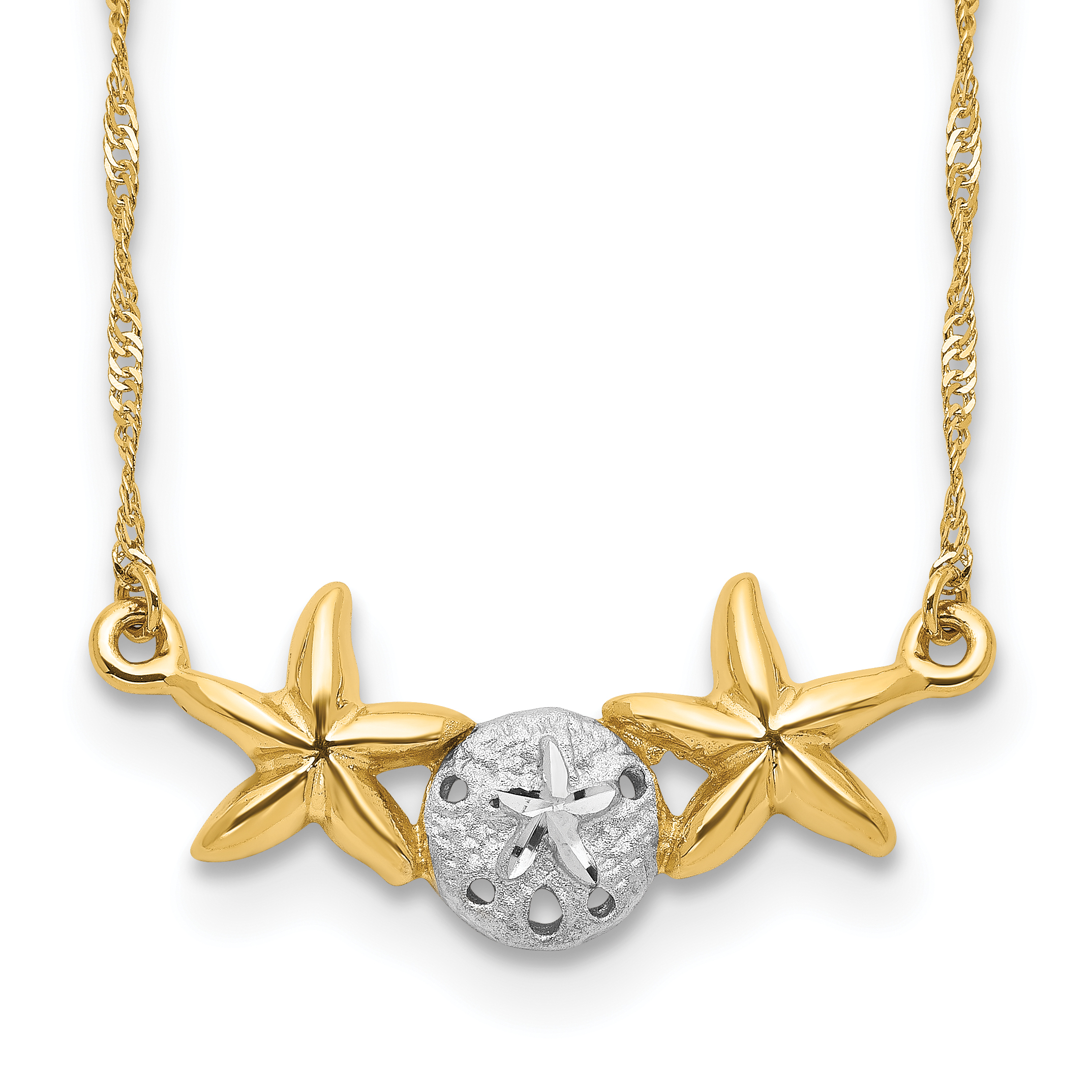 14K with White Rhodium Brushed and Polished Sand Dollar and Starfish 18 inch Necklace (SF2669-18)