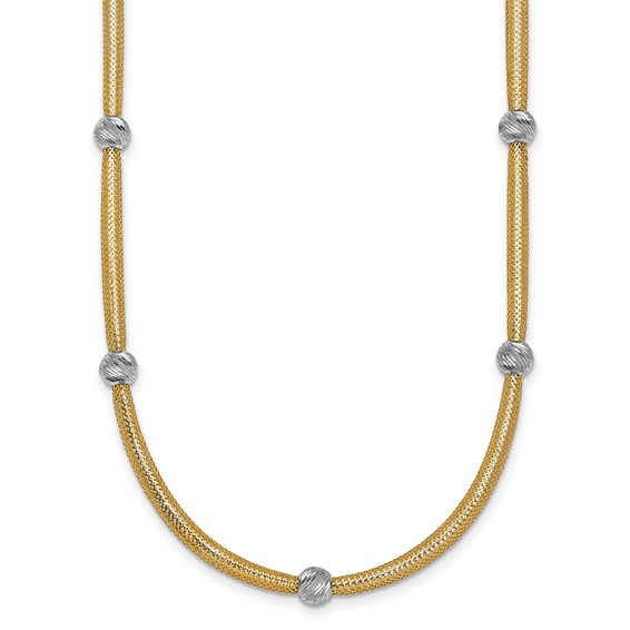 14k Polished with Rhodium 5-Station Diamond-cut Beads 4mm Flexible Mesh 18 inch Necklace