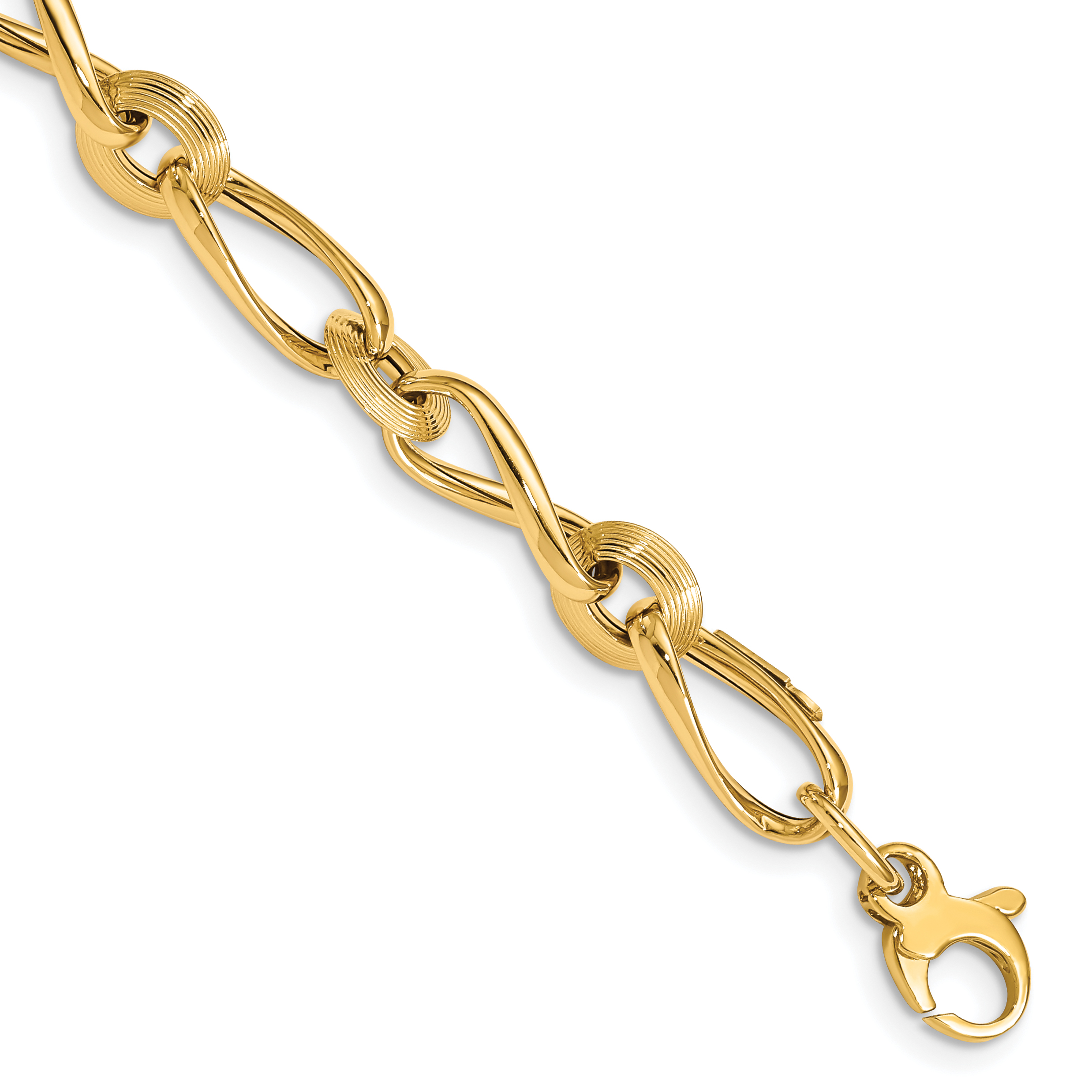 14K Polished and Grooved Fancy Twisted Link 8 inch Bracelet Plus 0.5 inch Extender (SF2716-8)