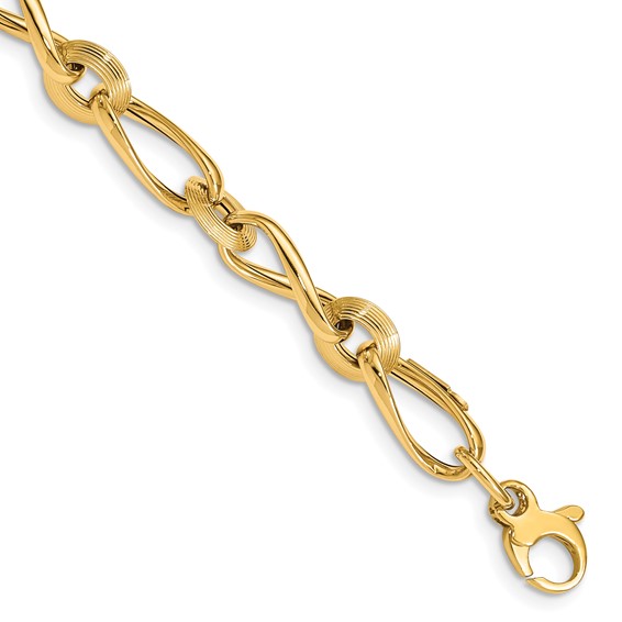 14K Polished and Grooved Fancy Twisted Link 8 inch Bracelet Plus 0.5 inch Extender