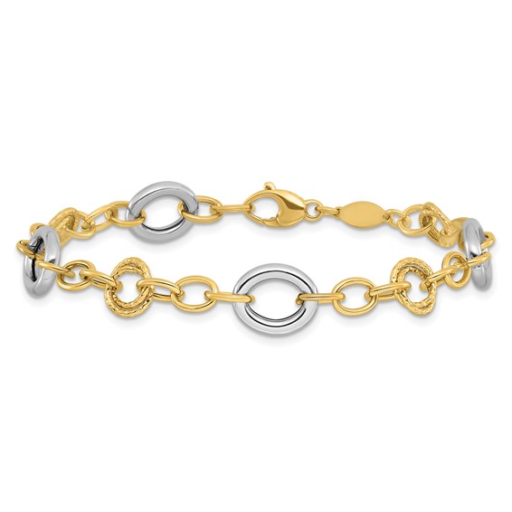 14K Two-tone Fancy Circles Cable Link 7.5 inch Bracelet
