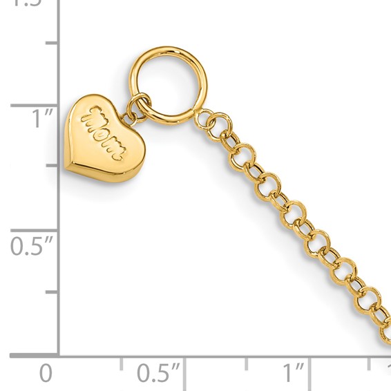 14k Puffed MOM Heart Dangle 7.5 inch Toggle Bracelet