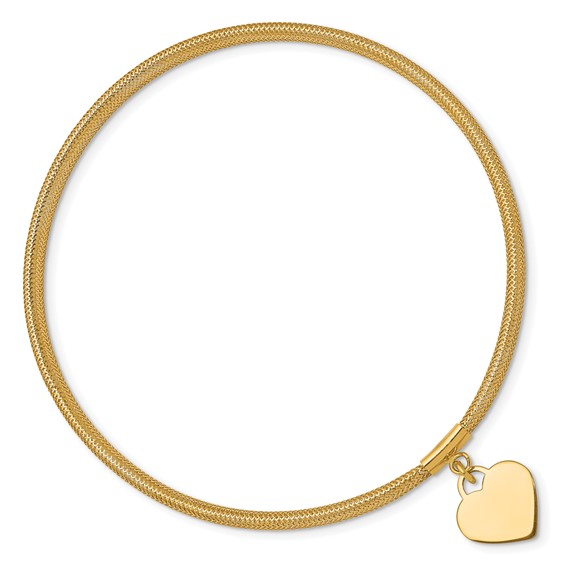 14K 4mm Heart Dangle Woven Mesh Slip-on Stretch Bracelet
