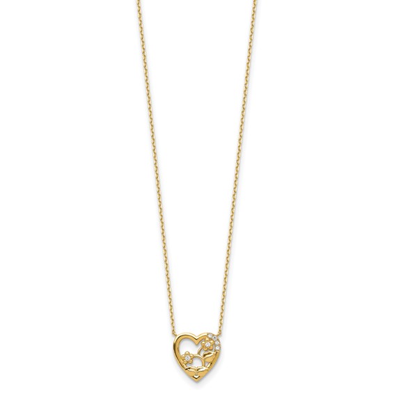 14K Heart with Flowers & CZ with 2IN EXT Necklace