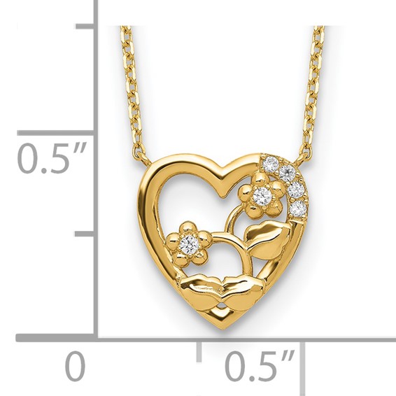 14K Heart with Flowers & CZ with 2IN EXT Necklace