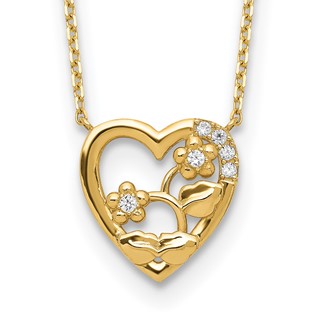 14K Heart with Flowers & CZ with 2IN EXT Necklace