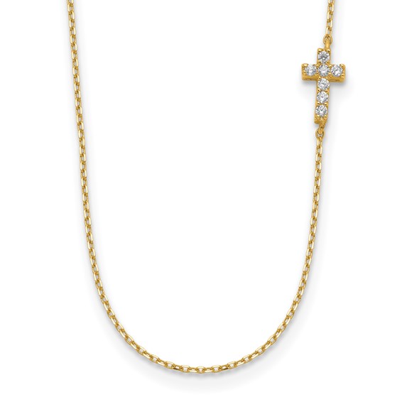14K Small CZ Cross 18 inch Necklace Plus 2 inch Extender