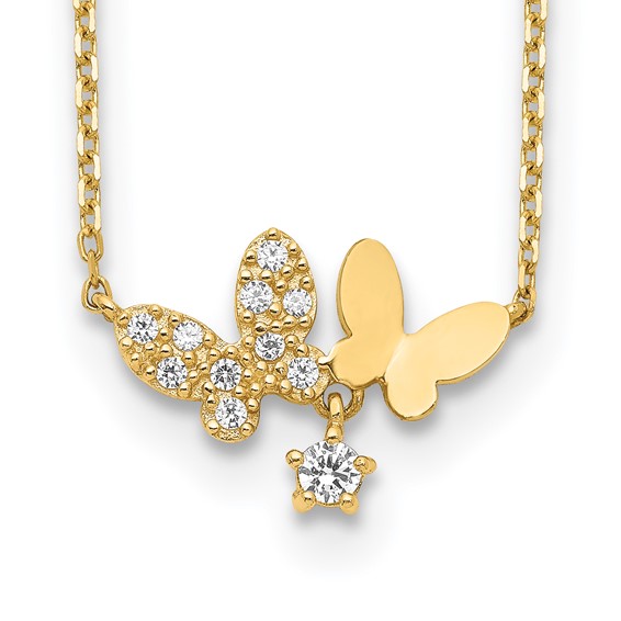 14K Polished CZ Butterflies and Star 18 inch Necklace Plus 2 inch Extender