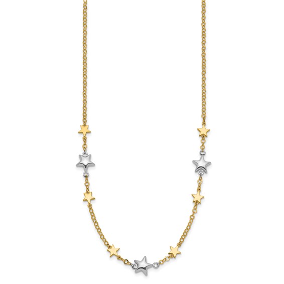 14K Two-Tone Polished Puffed and Flat Stars 17 inch Necklace Plus 1 inch Extender