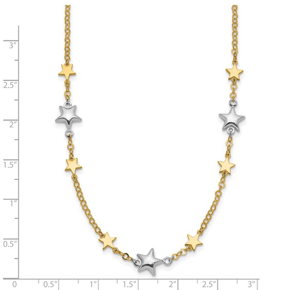 14K Two-Tone Polished Puffed and Flat Stars 17 inch Necklace Plus 1 inch Extender