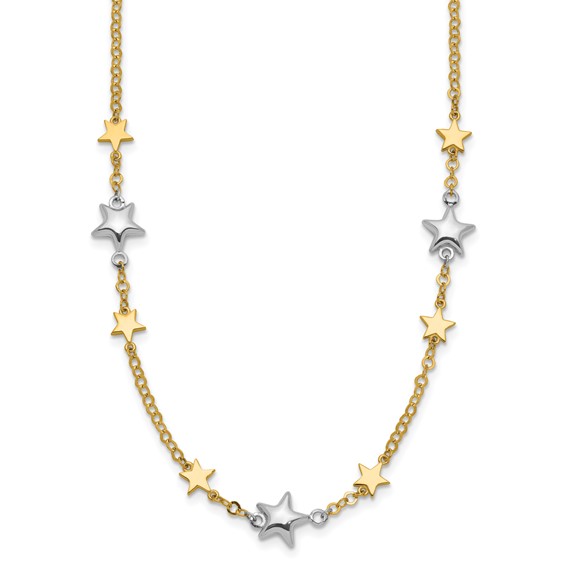 14K Two-Tone Polished Puffed and Flat Stars 17 inch Necklace Plus 1 inch Extender