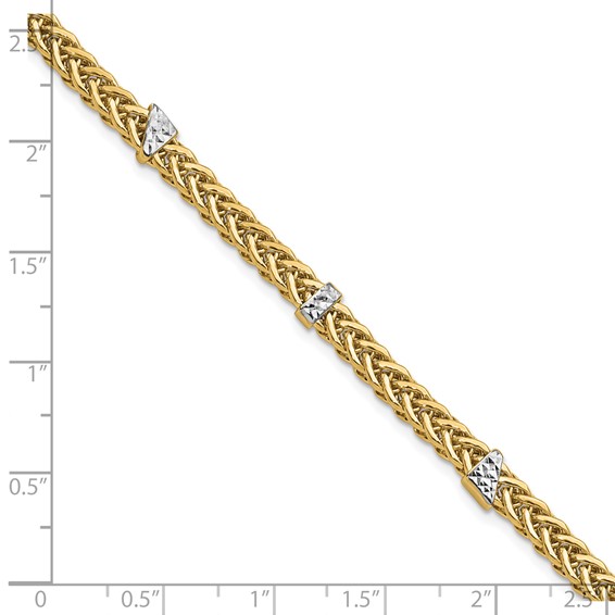 14K and  White Rhodium Polished 3.6mm Diamond-cut Flat Wheat 7.5 inch  Bracelet