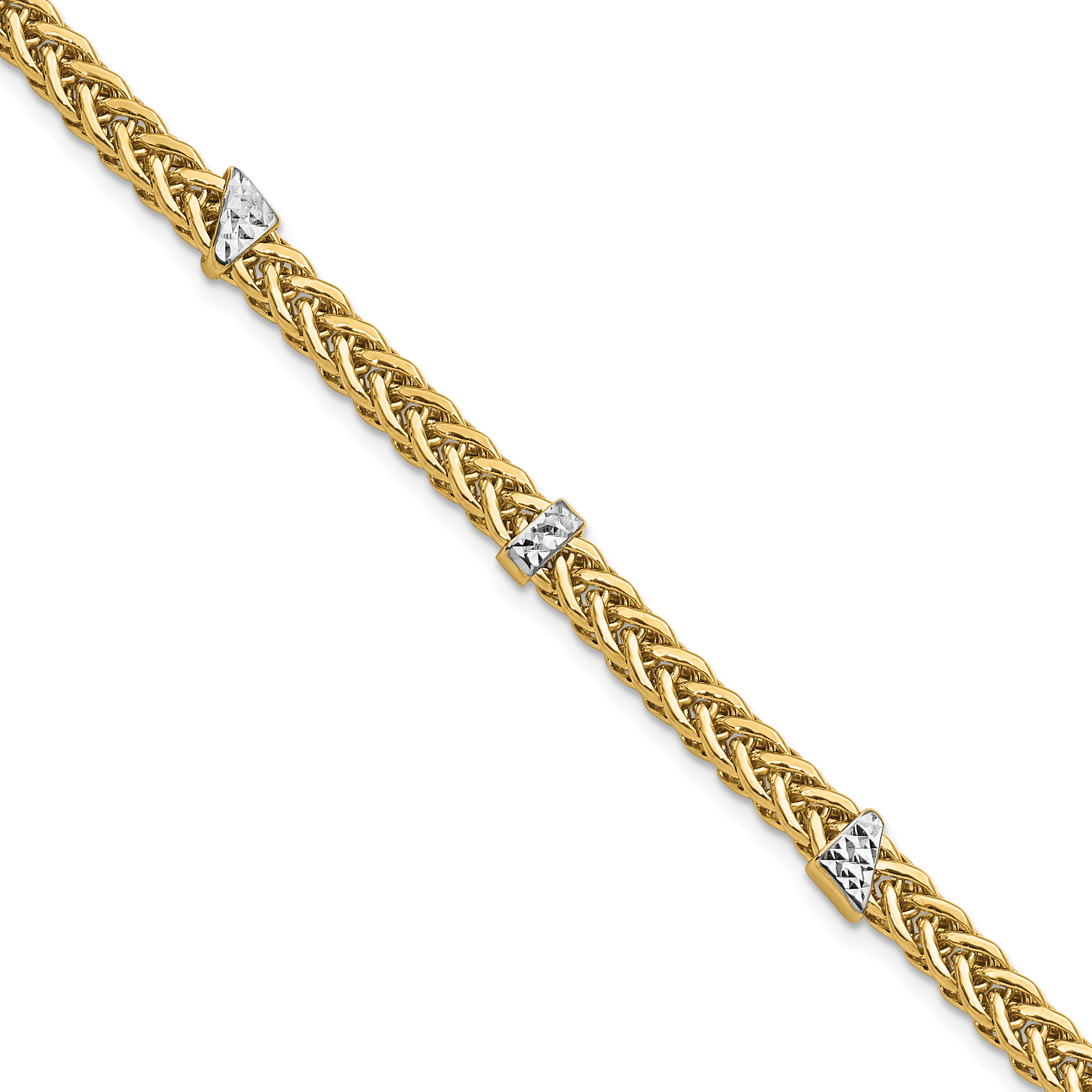 14K and  White Rhodium Polished 3.6mm Diamond-cut Flat Wheat 7.5 inch  Bracelet (SF2818-7.5)