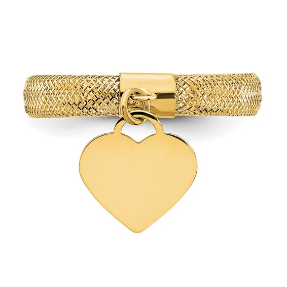 14K 4mm Woven Mesh with Polished Heart Charm Stretch Ring