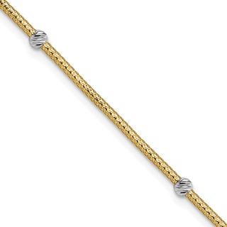 14K with White Rhodium Woven Flexible Diamond-cut Moveable Beads 7.25 inch Bracelet