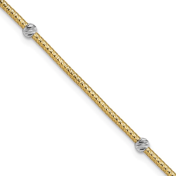 14K with White Rhodium Woven Flexible Diamond-cut Moveable Beads 7.25 inch Bracelet