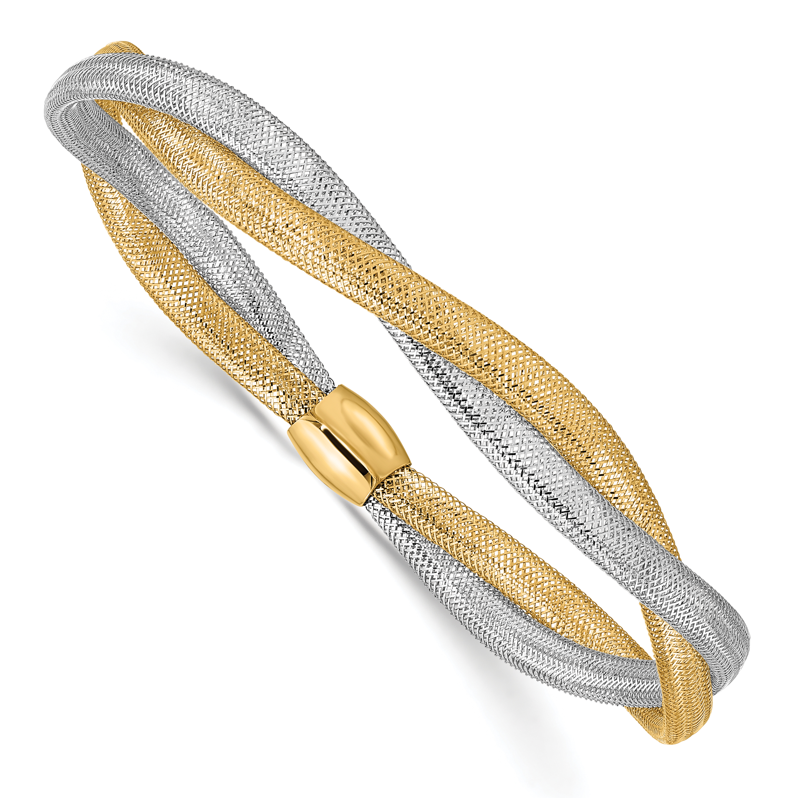 14K with White Rhodium Twisted Woven Mesh Slip-on Stretch Bracelet (SF2827)