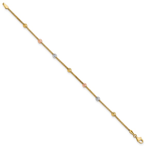 14k Tri-color Diamond-cut Beads and Mesh Chain 7-Station 7.25 inch Bracelet